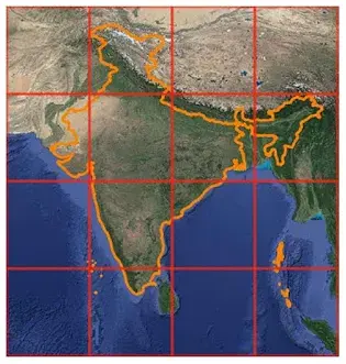 the bounding Box dividing India into a 4x4 GRID