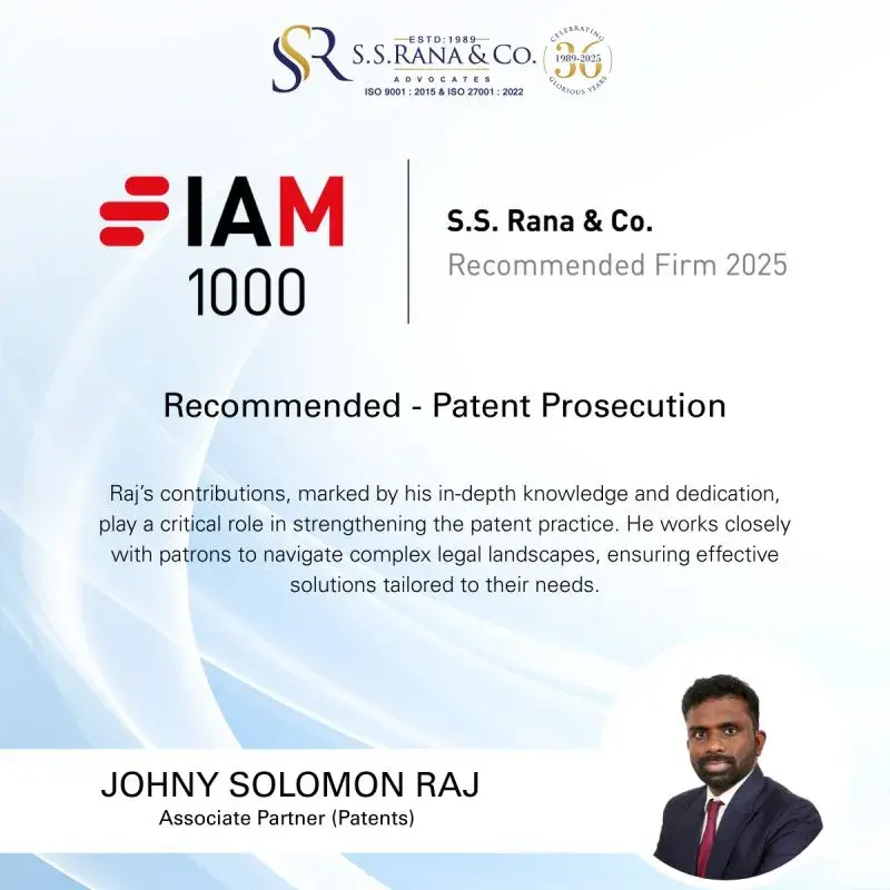 IAM Patent 1000 has recommended Mr. Johny Solomon Raj for Patent Prosecution 